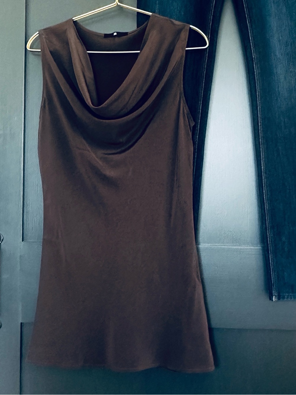 JARBO Sleeveless Brown Silk Chatmeuse Cowl Neck Sleeveless Top / size Small